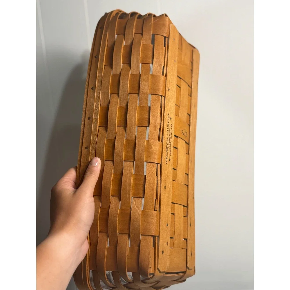 VTG Longaberger Basket Rectangle Brown Woven Leather Handles Plastic Liner‎ 1991